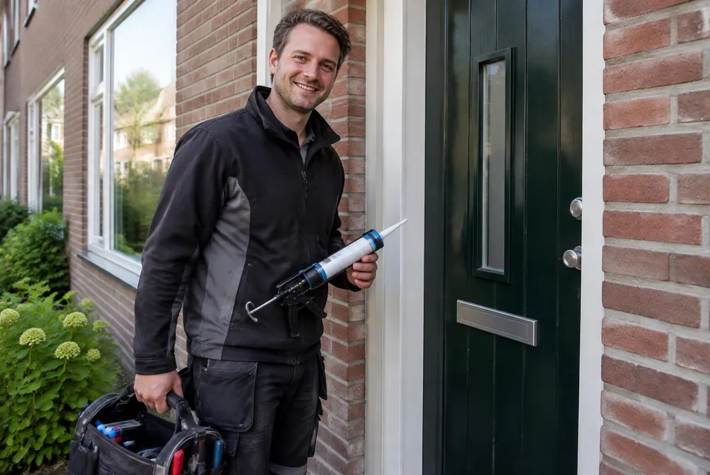 Vakman van Kitbedrijf Alblasserdam bij de voordeur van een woning